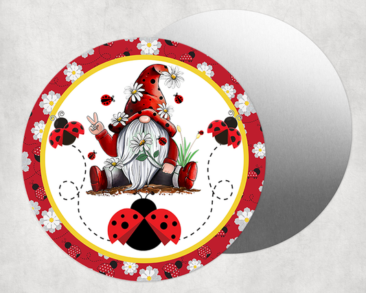 A Gnome and His Ladybugs Round Aluminum Sign 8"